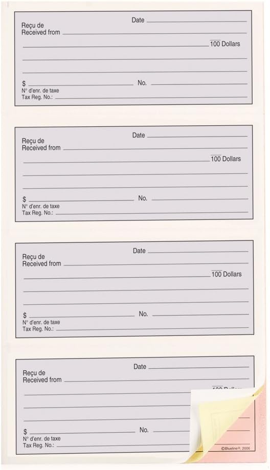 Blueline bilingual carbonless receipt book DC2874B